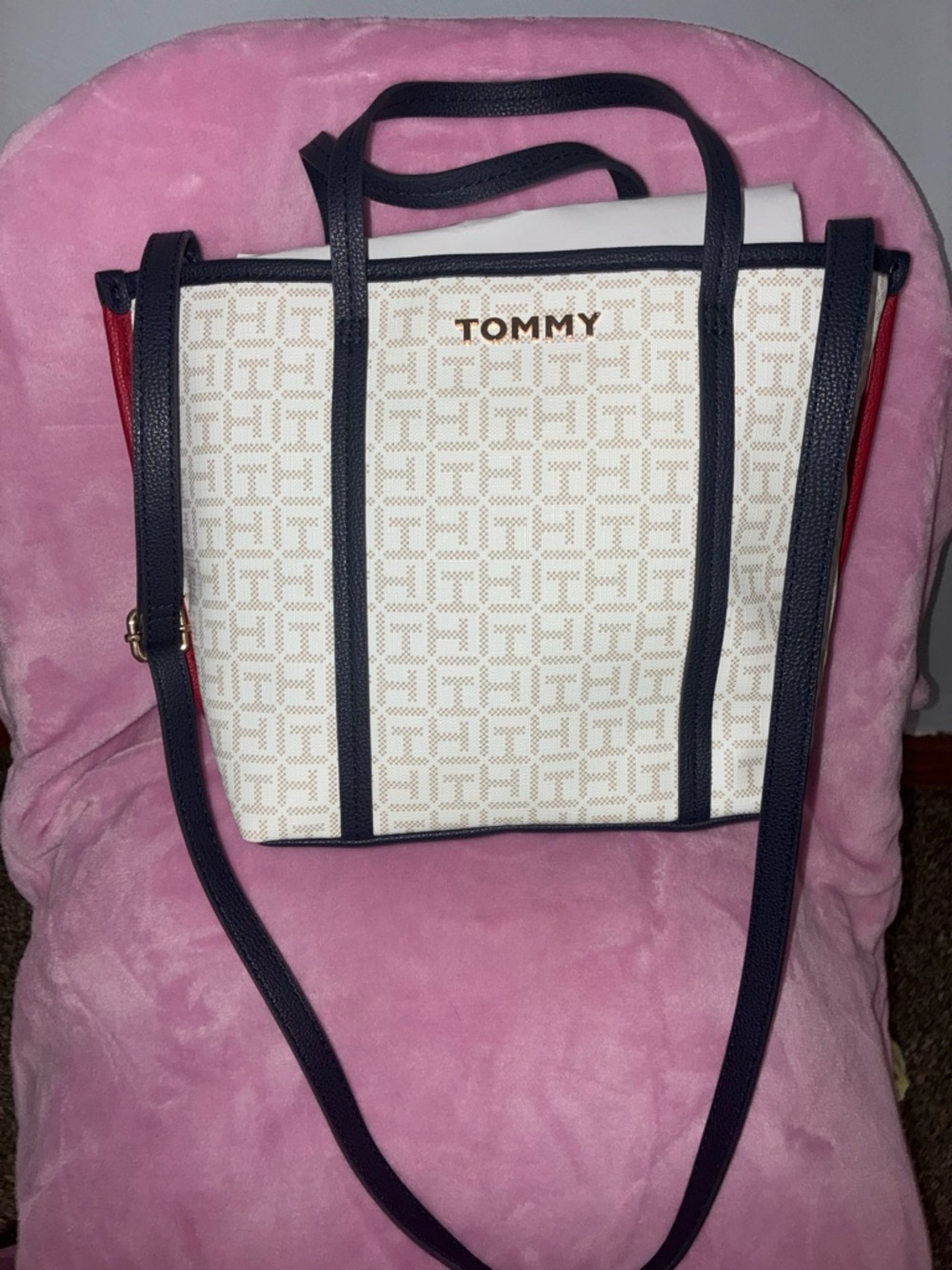 Tommy Hilfiger White Monogram Tote with Navy Trim and Red Accents